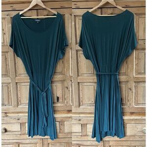 ModCloth 2X‎ Green Boatneck Dress Belted Stretchy Short Sleeves Rayon Midi